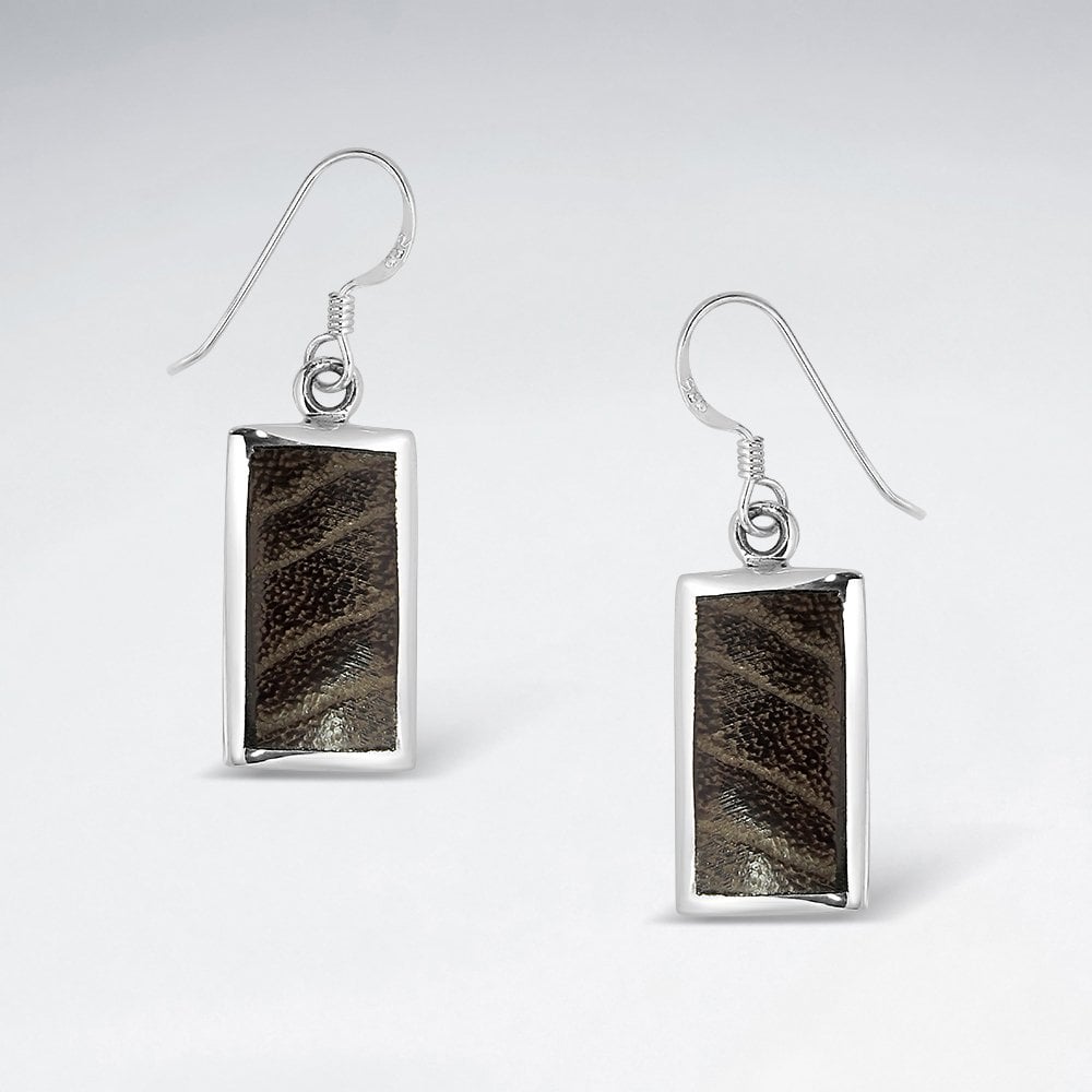 Rectangle Natural Wood Dangling Silver Earring
