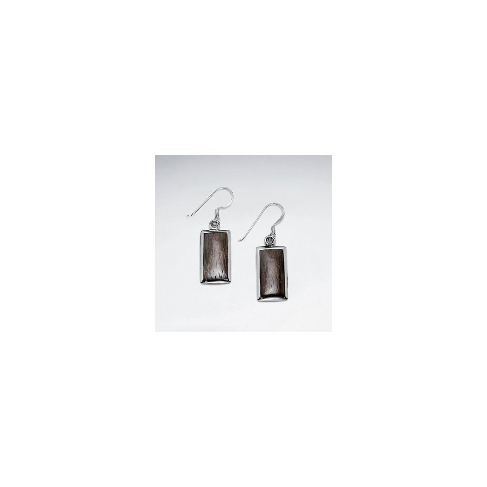Rectangle Natural Wood Dangling Silver Earring