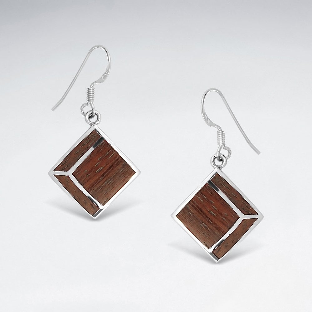 Square Palm Wood Dangling Silver Earring