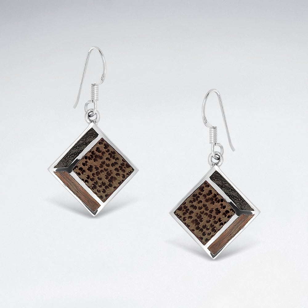 Square Palm Wood Dangling Silver Earring