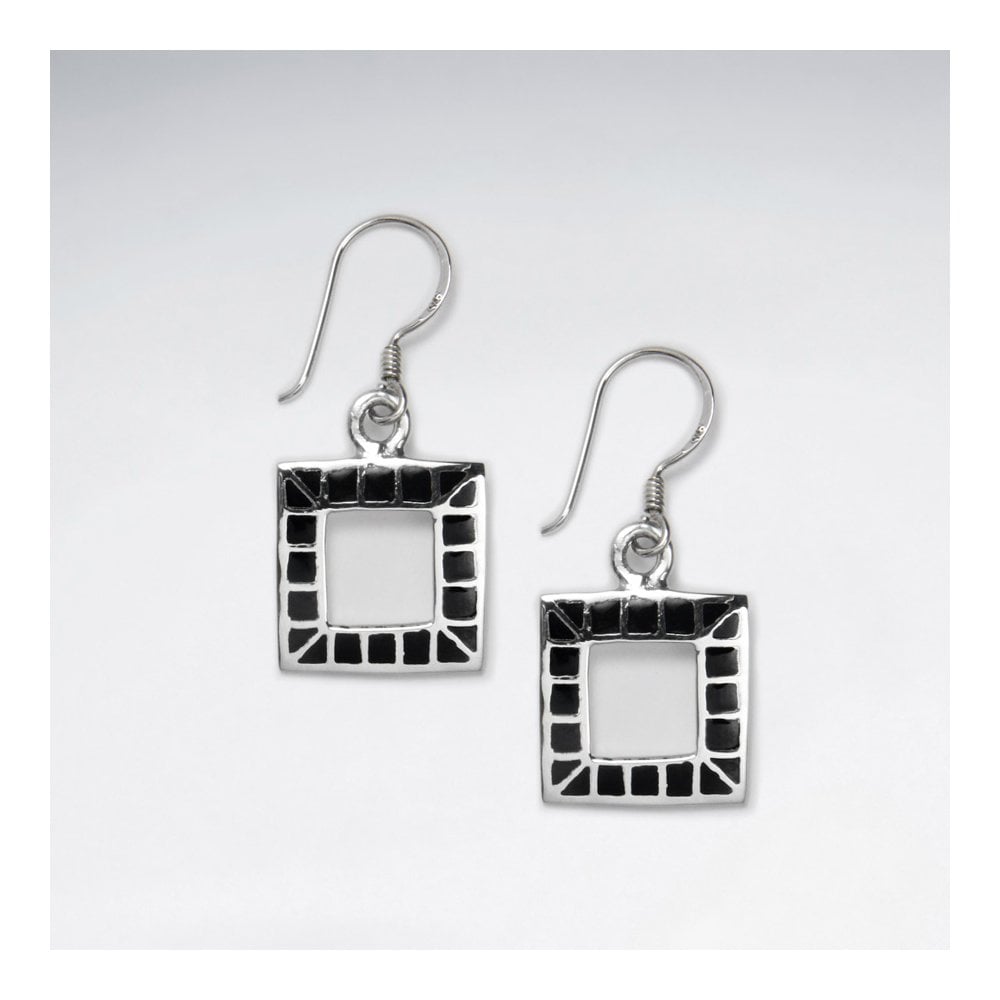 Open Square Dangling Silver Earring With Black Stone