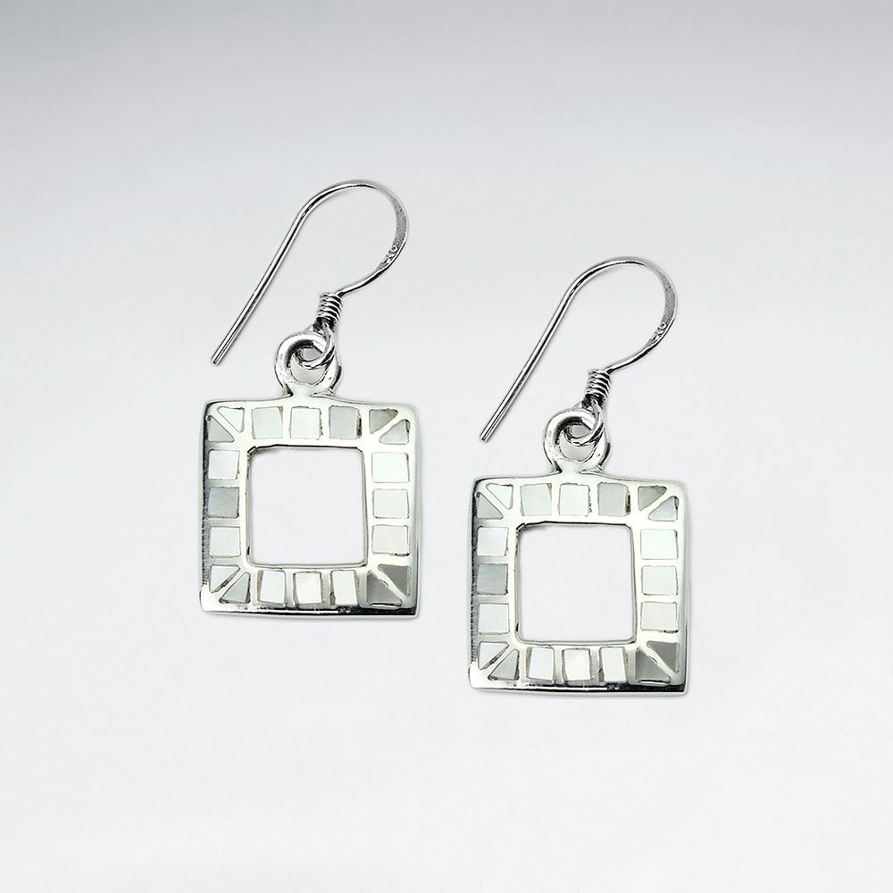 Open Square Dangling Silver Earring With Black Stone