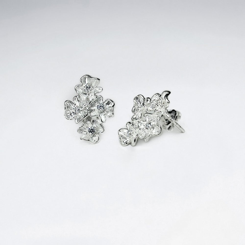 Four Little Flower With Cubic Zirconia Sterling Silver Stud Earrings