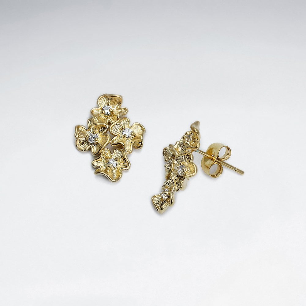 Four Little Flower With Cubic Zirconia Sterling Silver Stud Earrings
