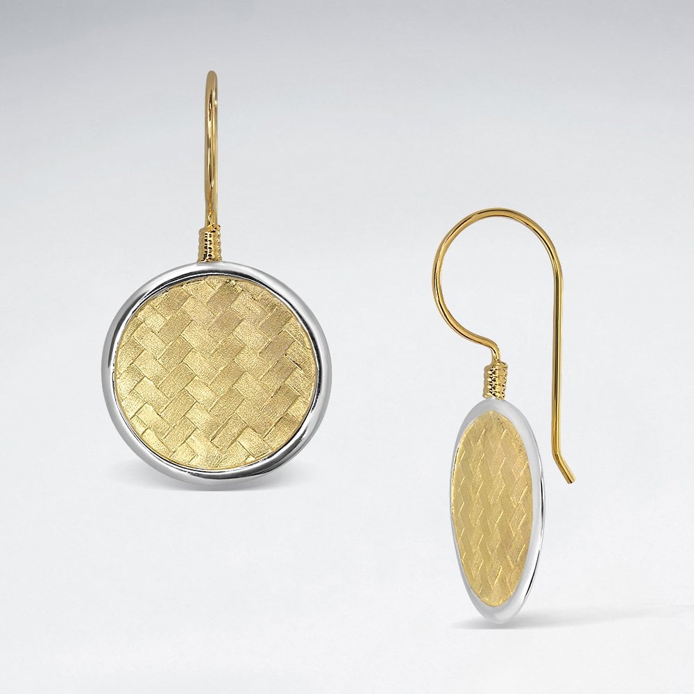 Round Disc Silver Cobblestone Textured Drop Hook Earrings