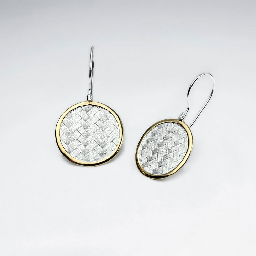 Round Disc Silver Cobblestone Textured Drop Hook Earrings