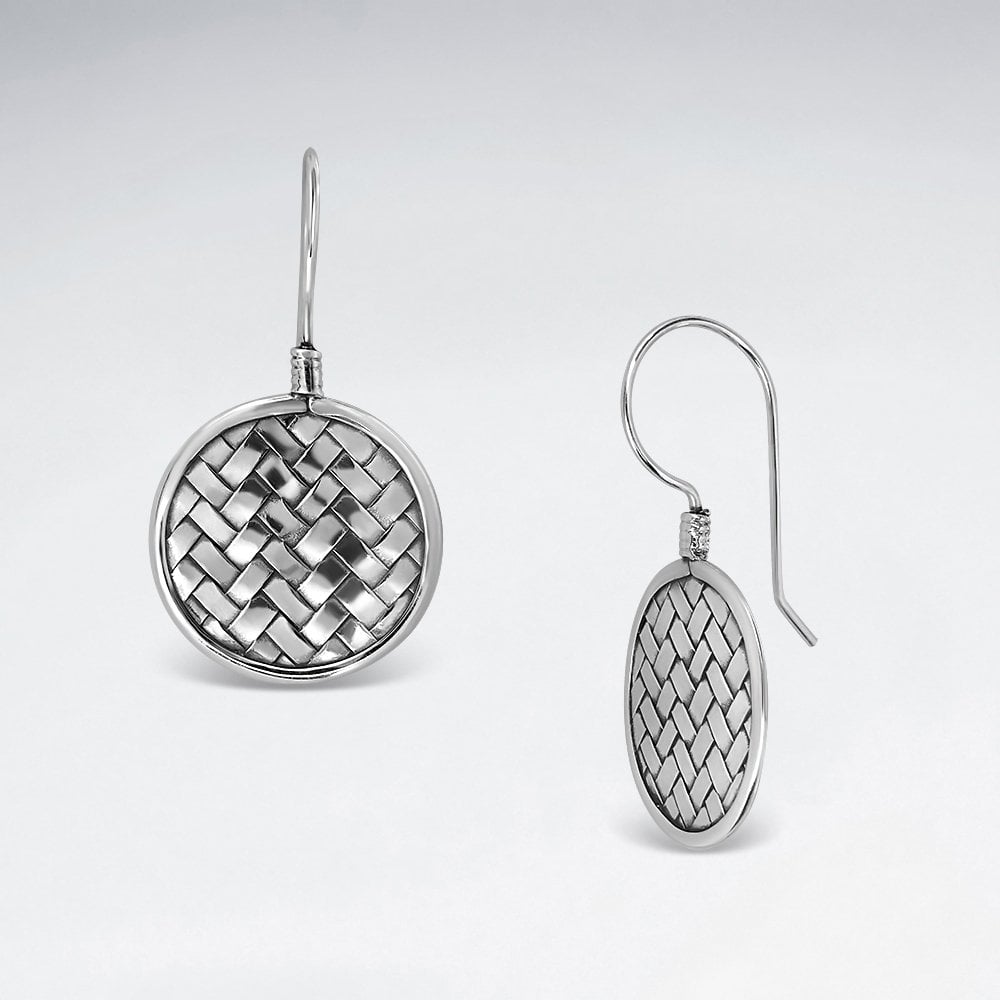 Round Disc Silver Cobblestone Textured Drop Hook Earrings