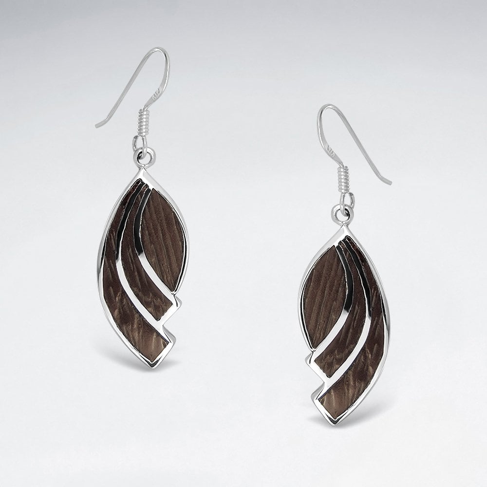 Dangling Black Wood Leaf Silver Earring