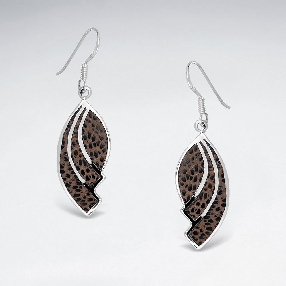 Dangling Black Wood Leaf Silver Earring