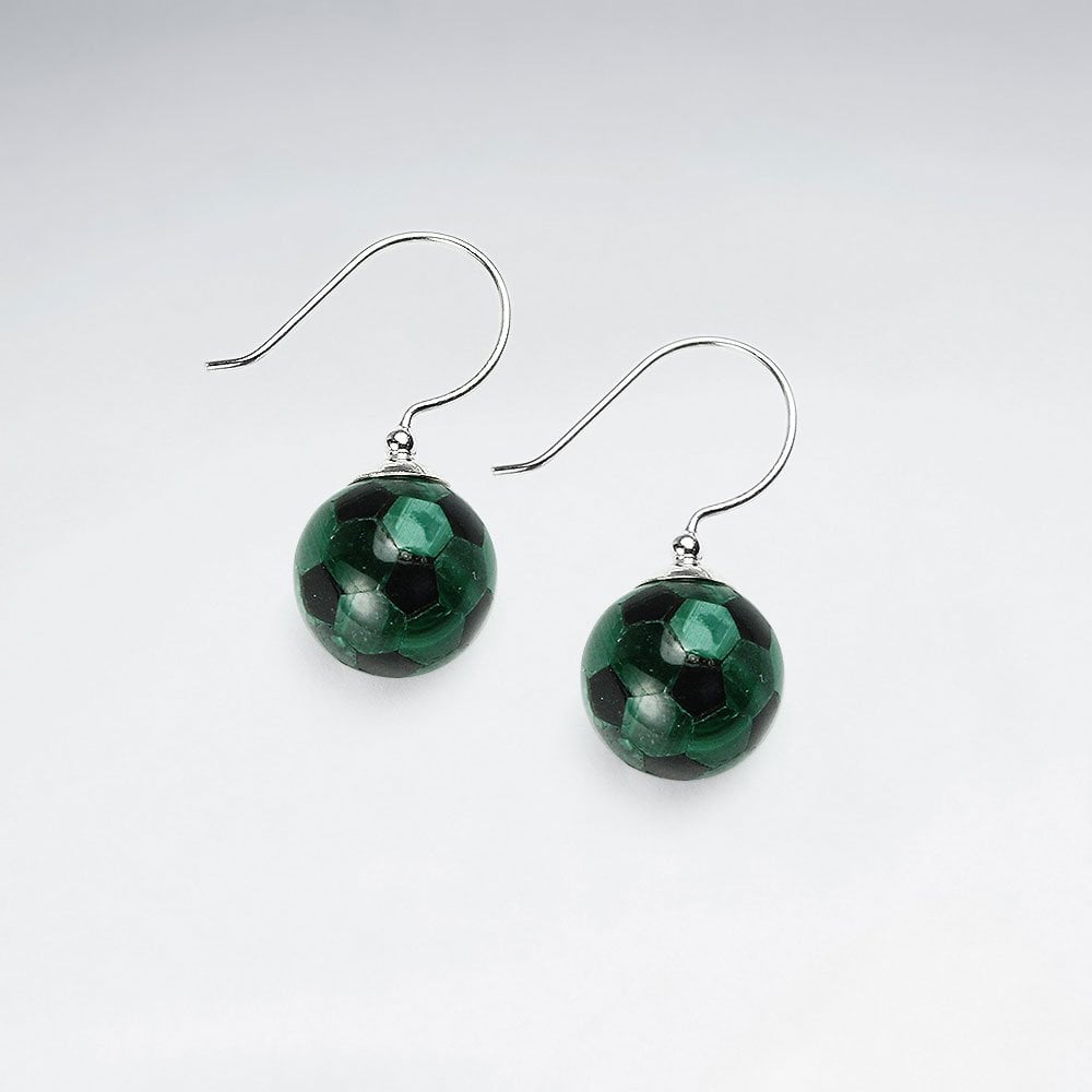 11 mm Football Mother Of Pearl And Black Stone Dangling Silver Earring