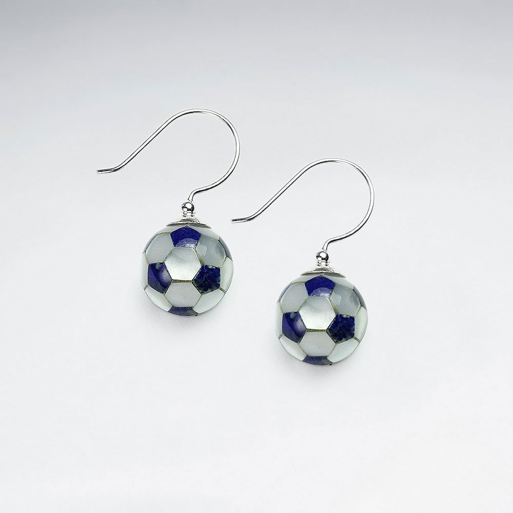 11 mm Football Mother Of Pearl And Black Stone Dangling Silver Earring
