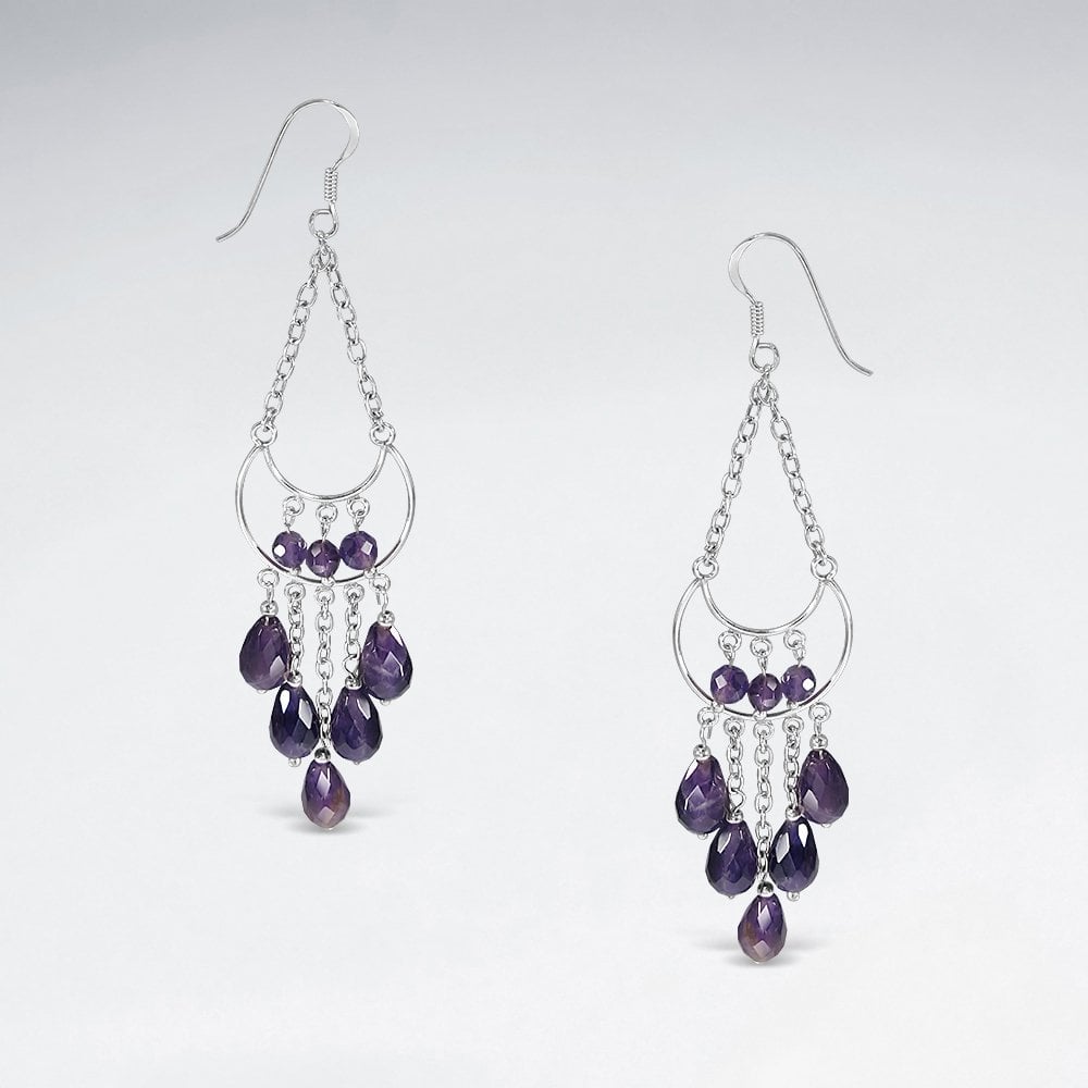 Chandelier Silver Earring Eith Dangling Faceted Black Stone