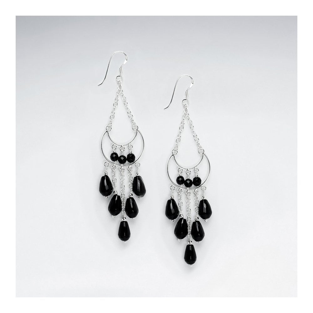 Chandelier Silver Earring Eith Dangling Faceted Black Stone