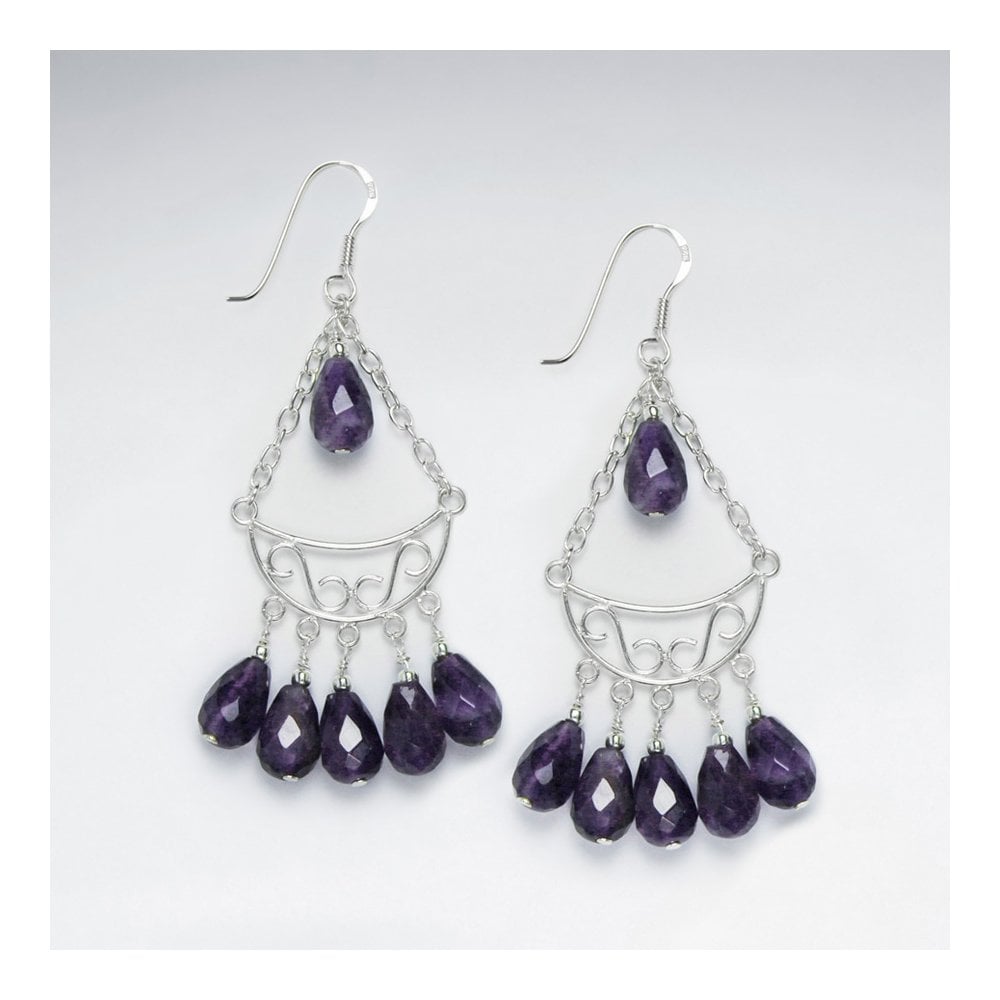 Chandelier Silver Earring With Dangling Faceted Amethyst