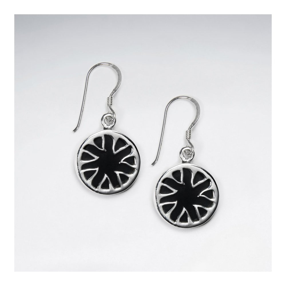 Black Stone Disk Silver Earring With Triangle Edge
