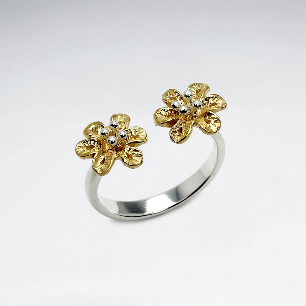 Sterling Silver Open End Double Flower Style Ring