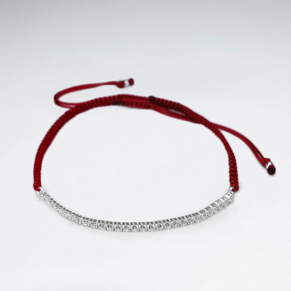 Red Waxed Cotton Half CZ Lined Bracelet
