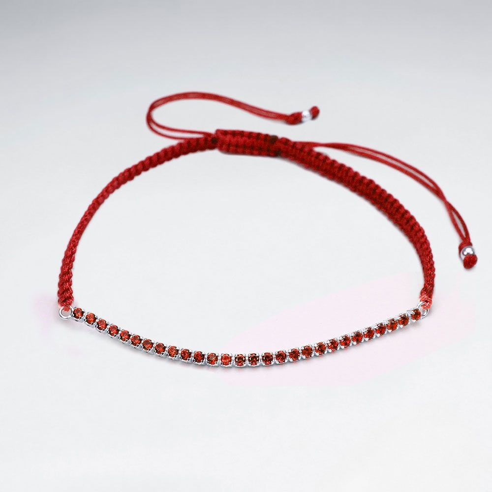 Red Waxed Cotton Half CZ Lined Bracelet
