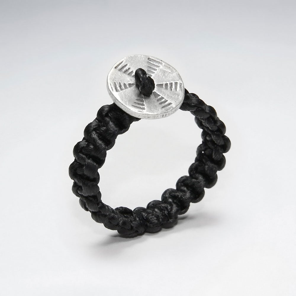 Waxed Cotton and Silver Disc Ring