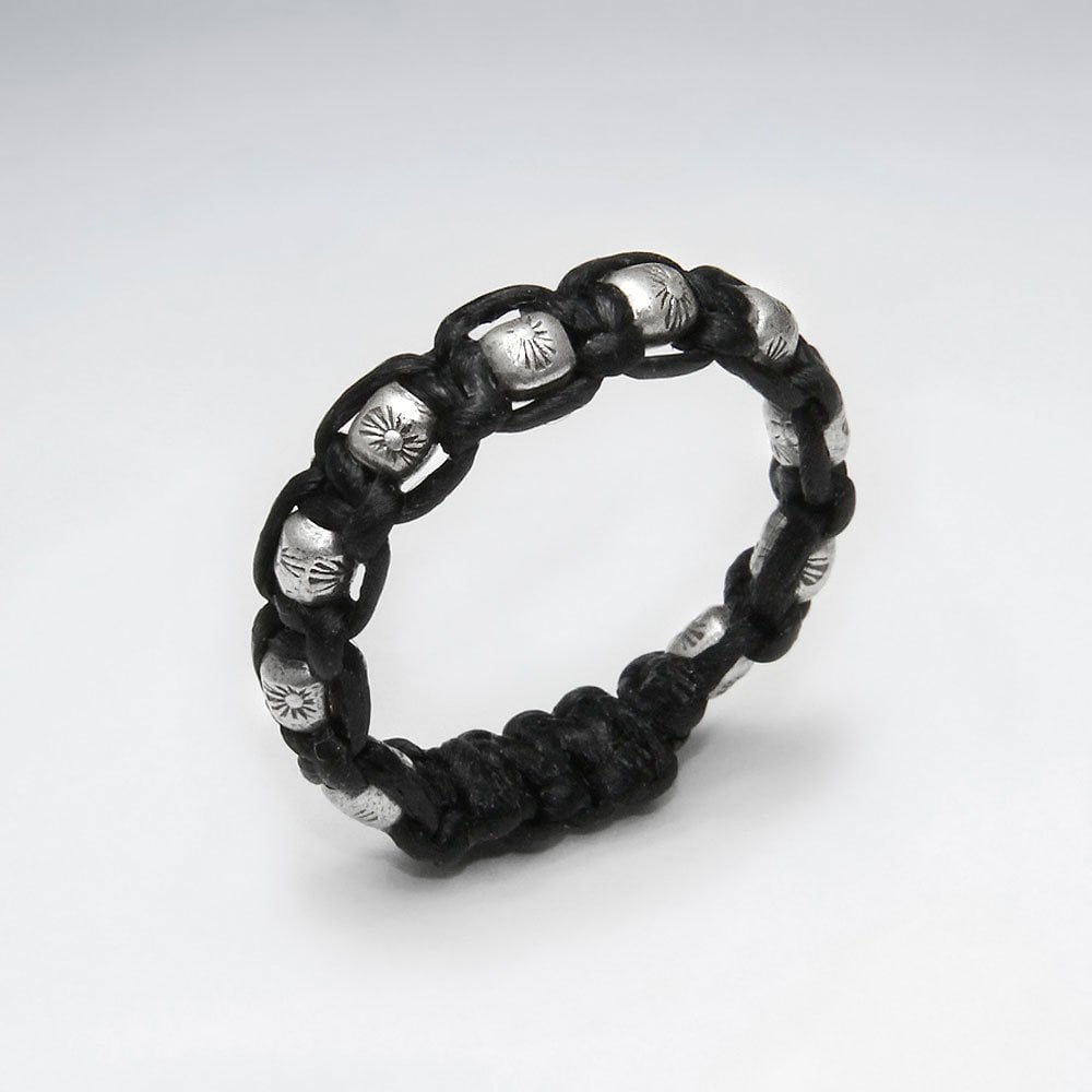 Waxed Cotton and Silver Ball Ring