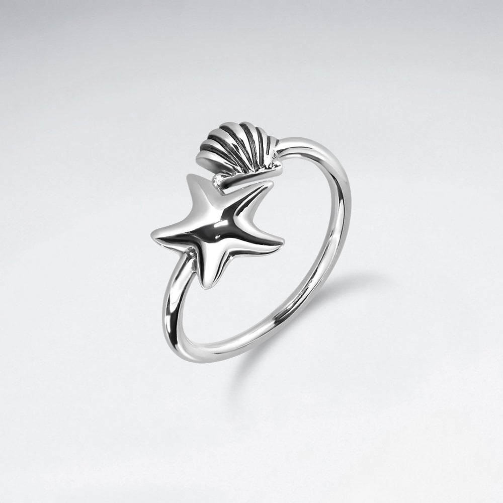 Sterling Silver Starfish and Seashell Ring