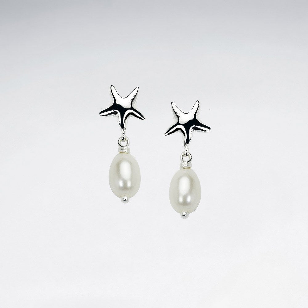 Silver Starfish Faux Pearl Stud Dangle Earrings