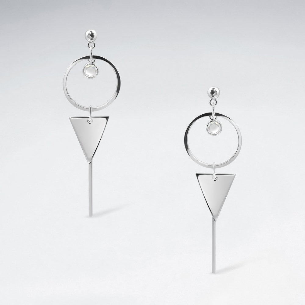 Long Sterling Silver CZ Triangle and Circle Earrings