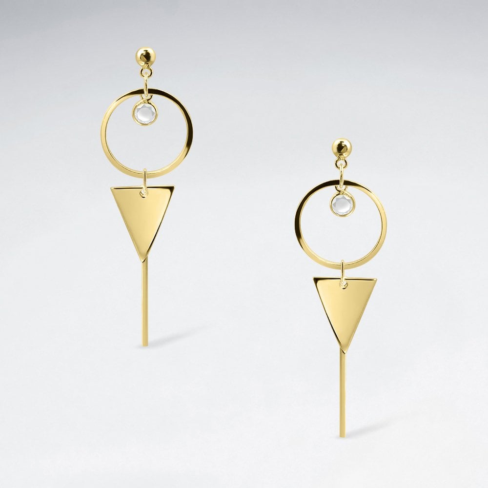 Long Sterling Silver CZ Triangle and Circle Earrings