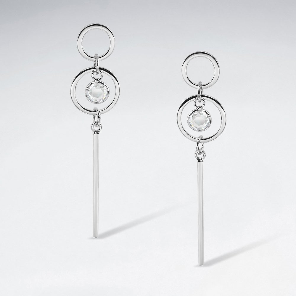Sterling Silver and CZ Long Bar with Circle  Earrings