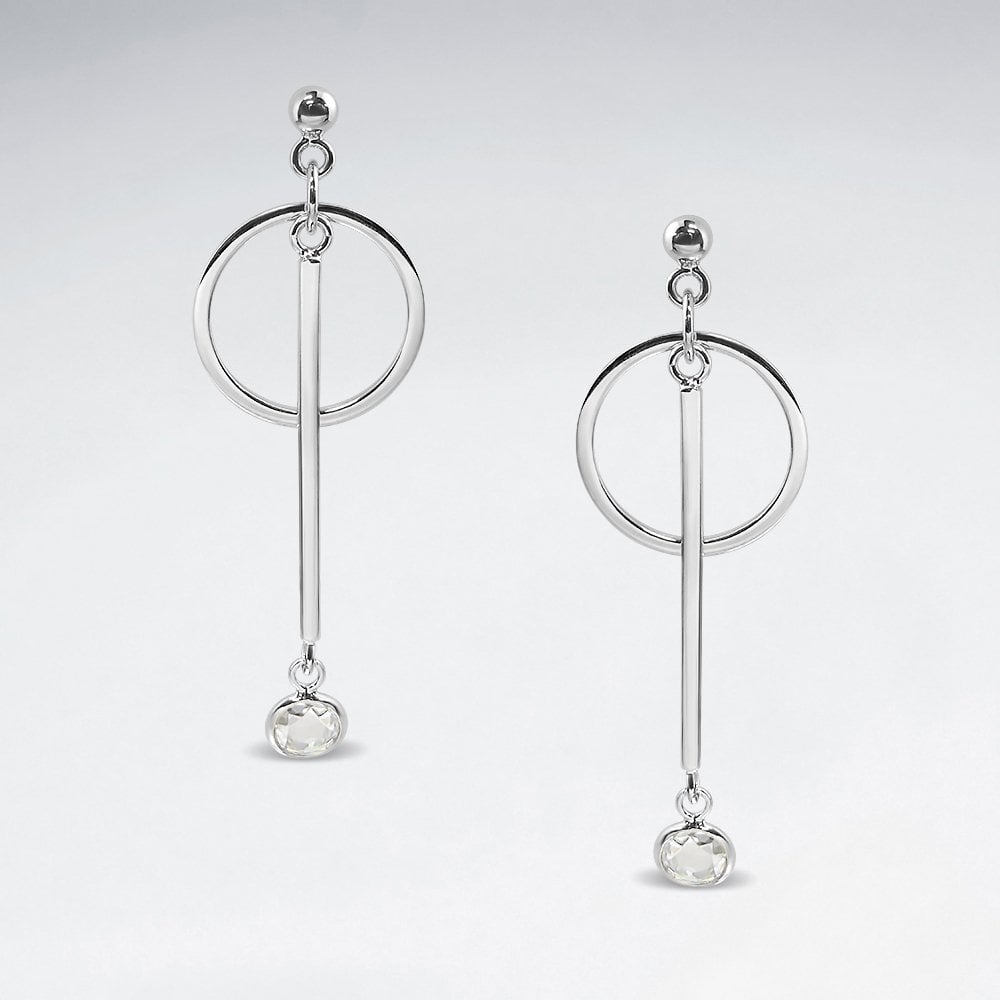 Sterling Silver and CZ Circle Bar Dangle Earrings