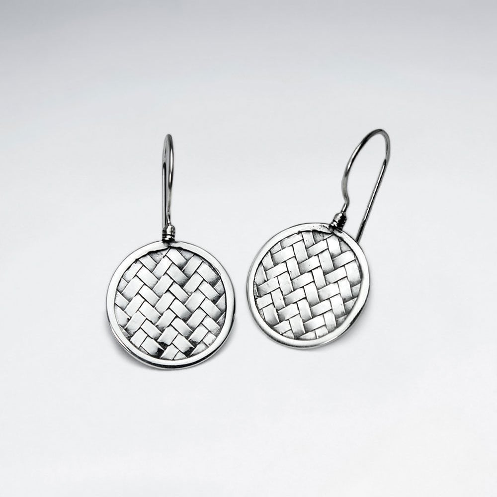 Round Disc Silver Cobblestone Textured Drop Hook Earrings