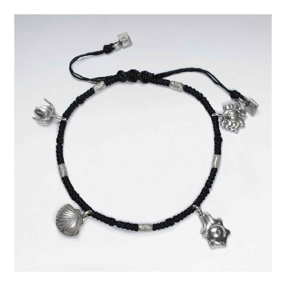 7" Adjustable Black Macrame Waxed Cotton Bracelet With Four Antique Hand Made Silver Charms