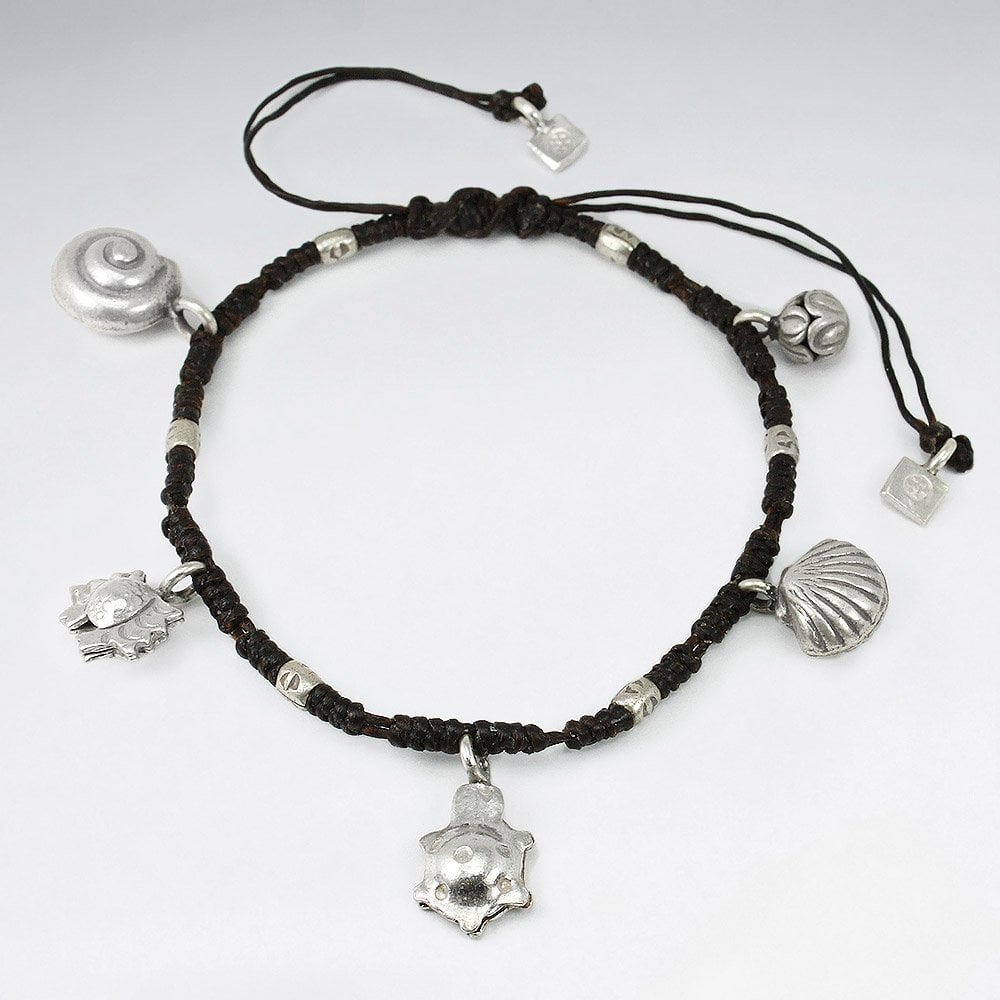 7" Adjustable Black Macrame Waxed Cotton Bracelet With Four Antique Hand Made Silver Charms