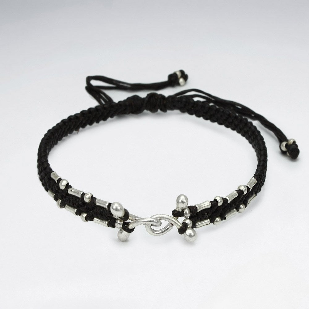 7" Adjustable Black Macrame Waxed Cotton Bracelet With Antique Hand Made Silver Beads