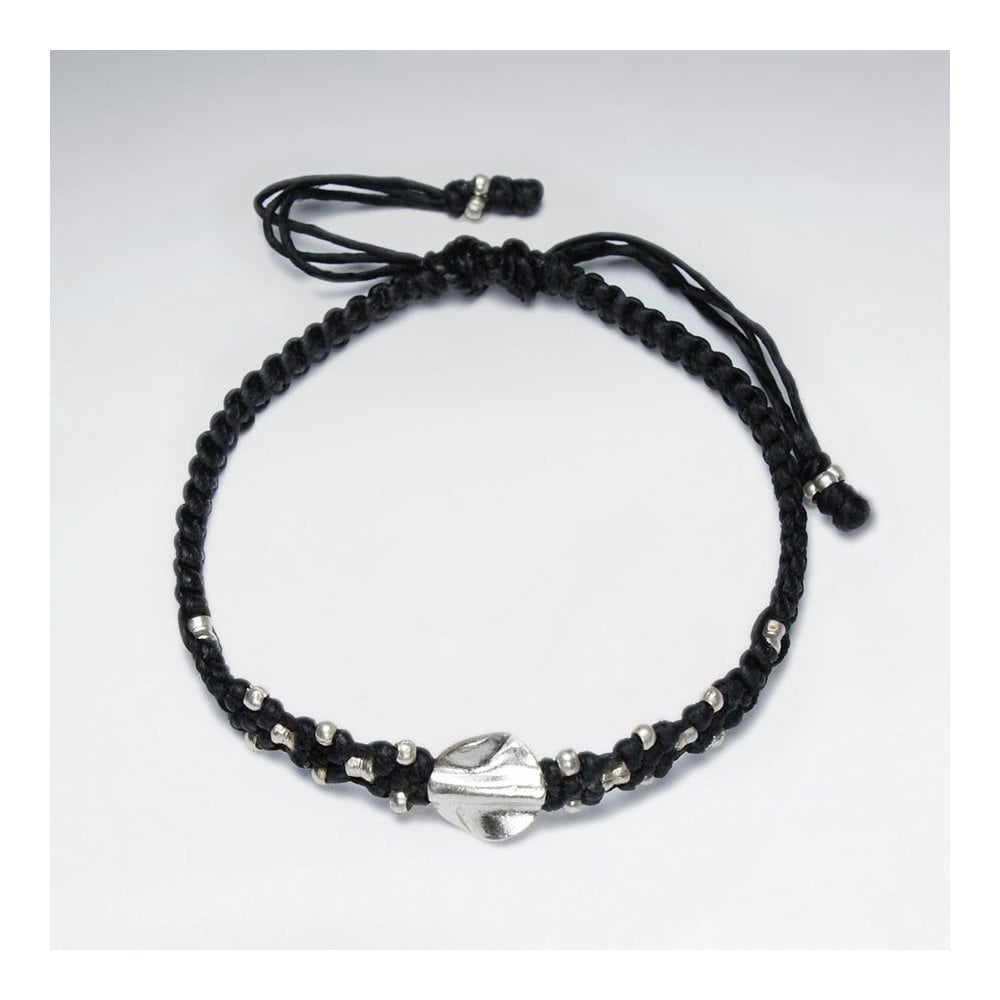 7" Adjustable Black Twisted Macrame Waxed Cotton Bracelet With Antique Hand Made Silver Twisted Rounf Beads