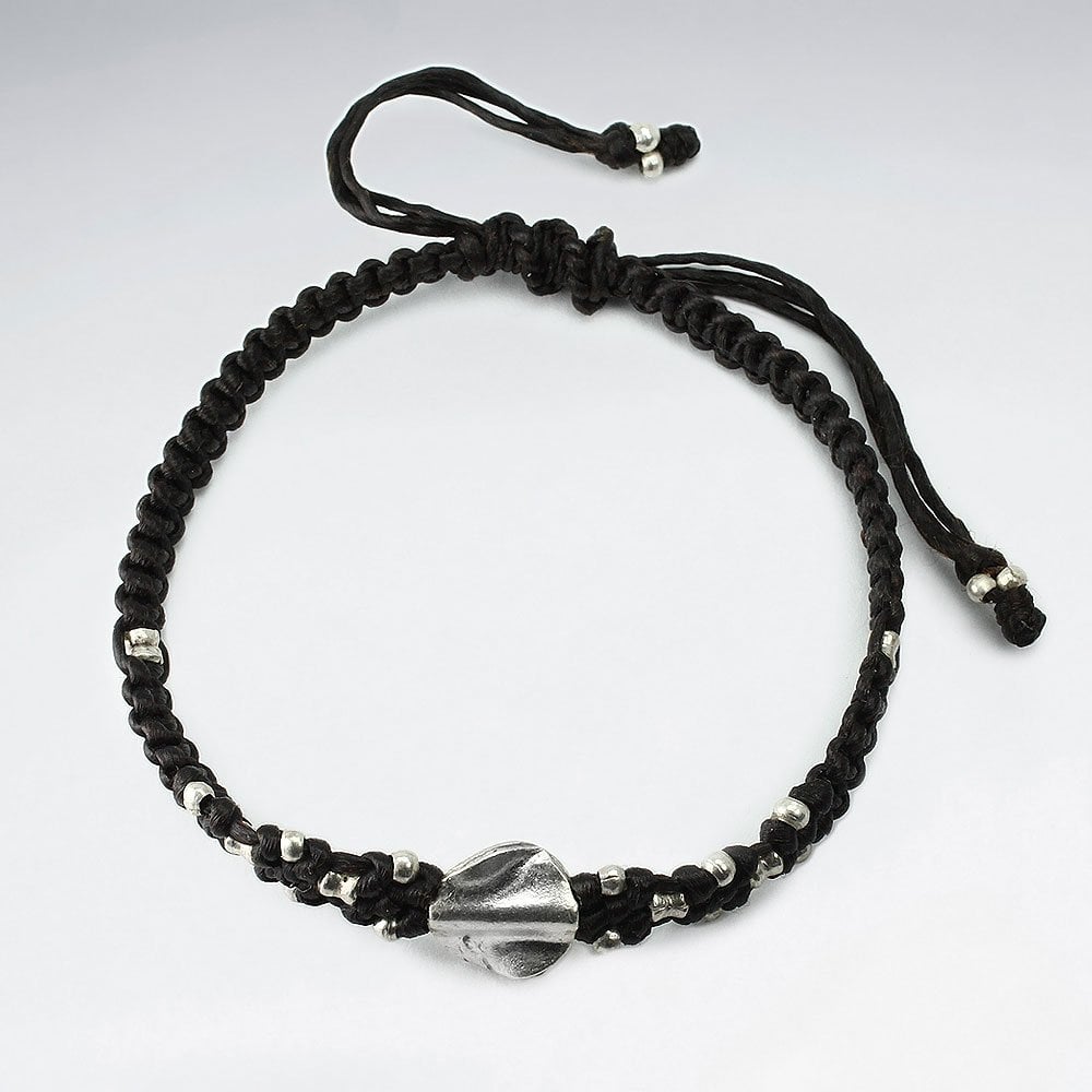 7" Adjustable Black Twisted Macrame Waxed Cotton Bracelet With Antique Hand Made Silver Twisted Rounf Beads