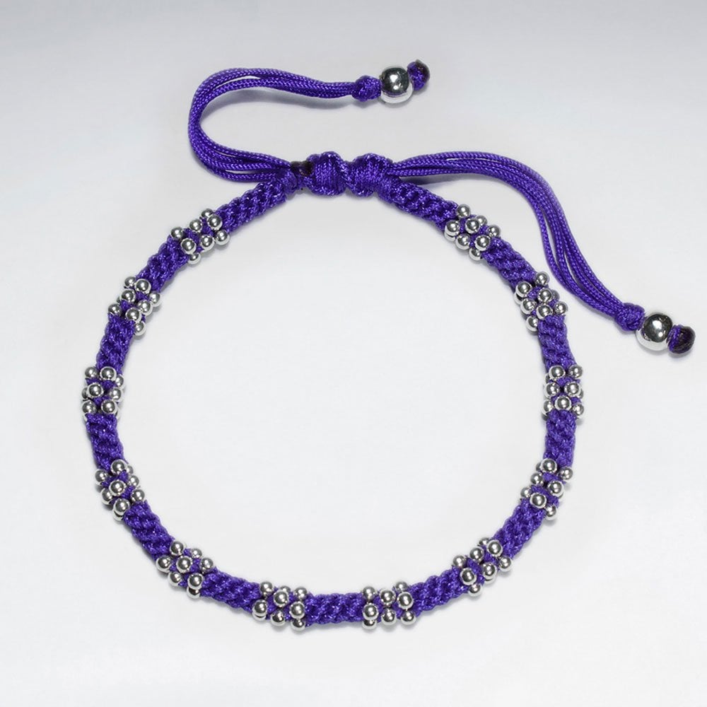 7"  Adjustable Blue Macrame Waxed Cotton Bracelet With Silver Beads