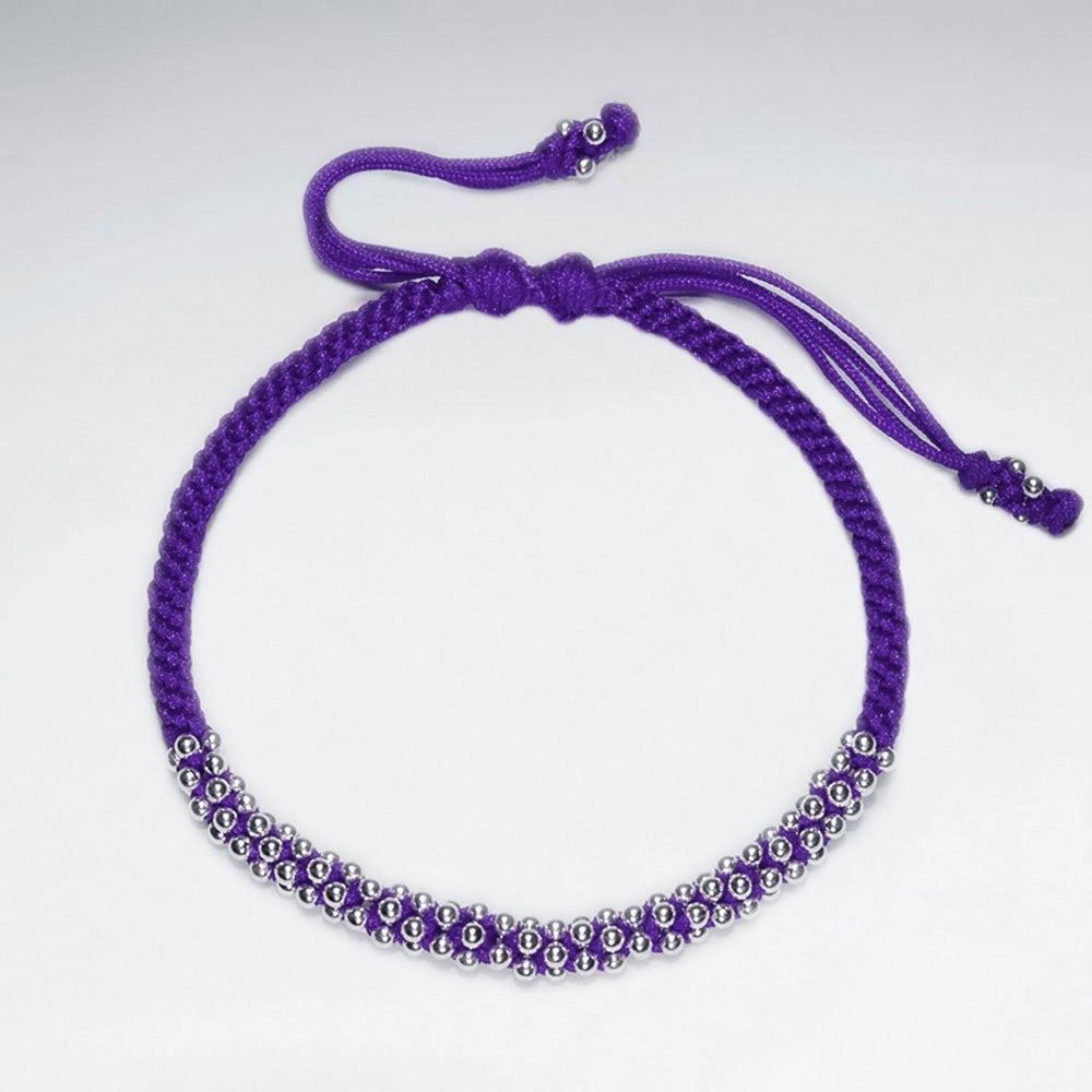 7"  Adjustable Orange Macrame Waxed Cotton Bracelet With Silver Beads
