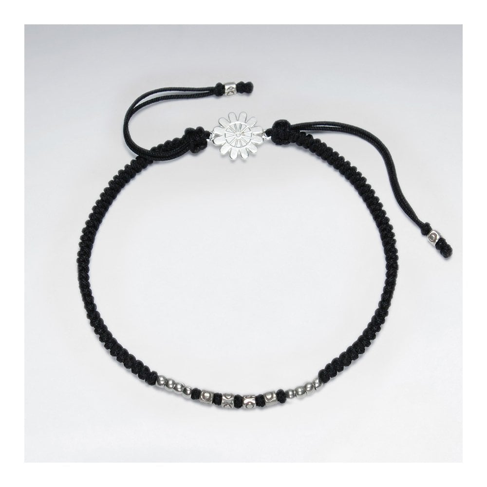 7" Adjustable Blue Macrame Nylon Cord Bracelet With Silver Beads and Sunburst Sterling Silver Charm