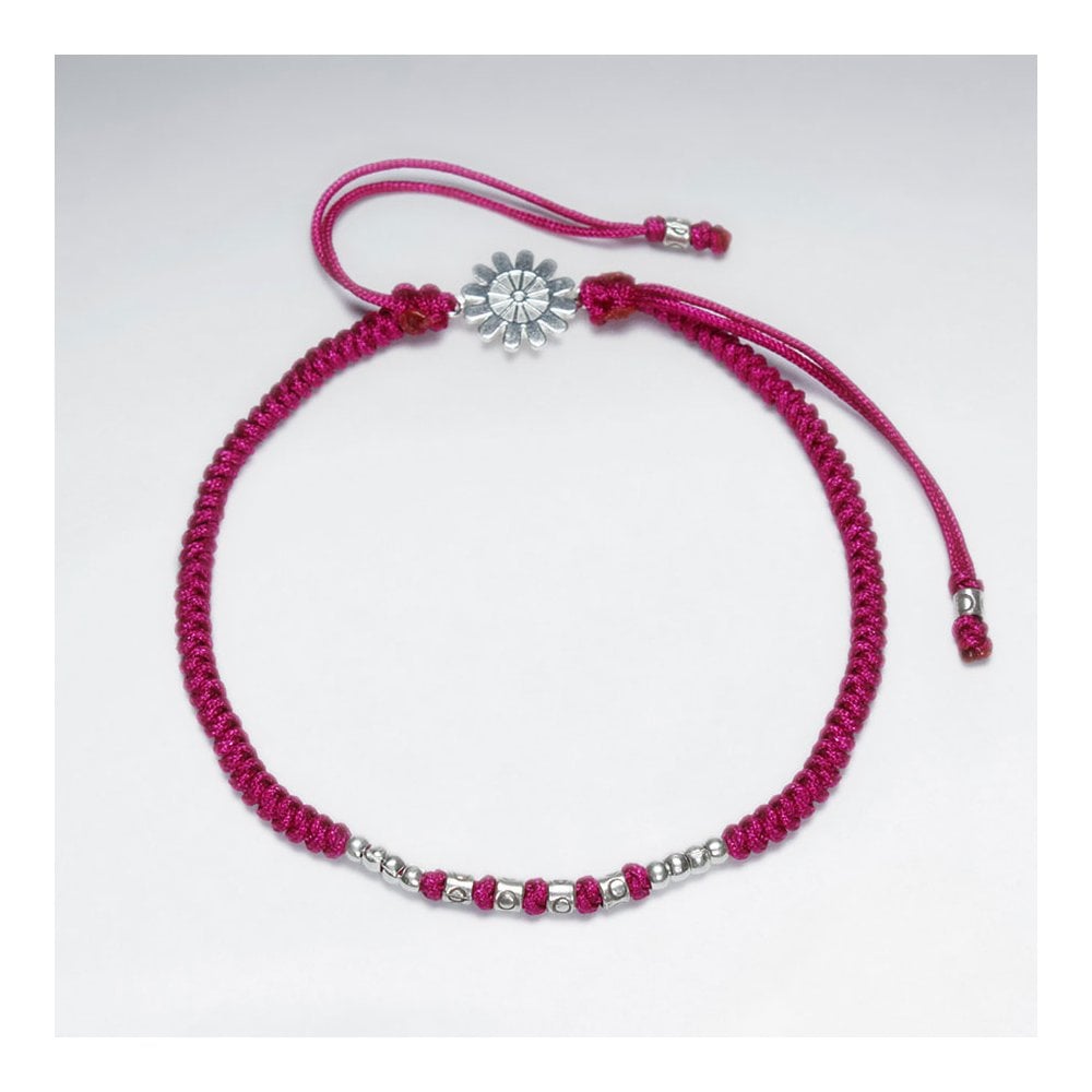 7" Adjustable Blue Macrame Nylon Cord Bracelet With Silver Beads and Sunburst Sterling Silver Charm