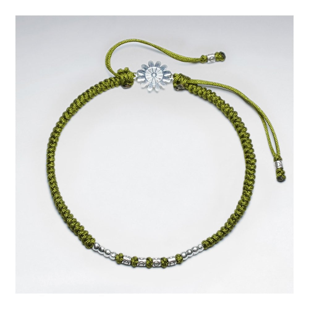 7" Adjustable Blue Macrame Nylon Cord Bracelet With Silver Beads and Sunburst Sterling Silver Charm