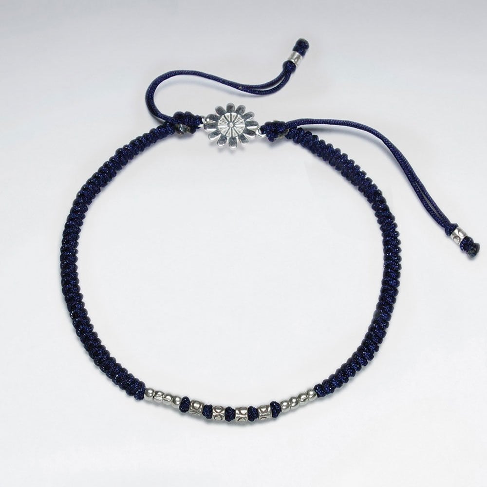 7" Adjustable Blue Macrame Nylon Cord Bracelet With Silver Beads and Sunburst Sterling Silver Charm