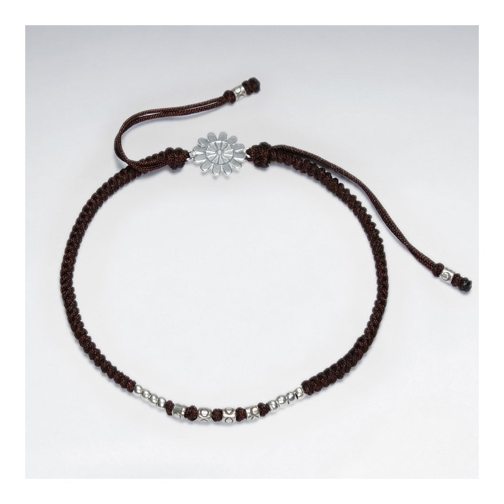 7" Adjustable Blue Macrame Nylon Cord Bracelet With Silver Beads and Sunburst Sterling Silver Charm