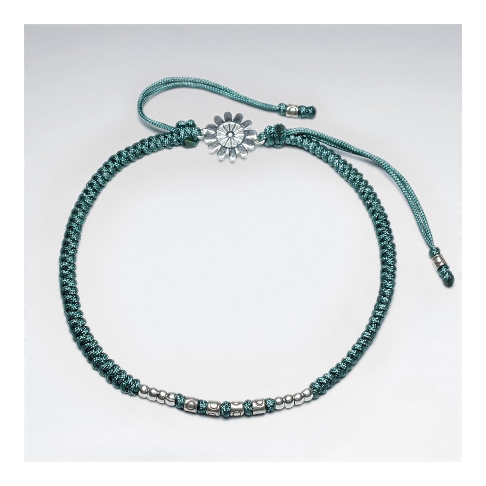 7" Adjustable Blue Macrame Nylon Cord Bracelet With Silver Beads and Sunburst Sterling Silver Charm
