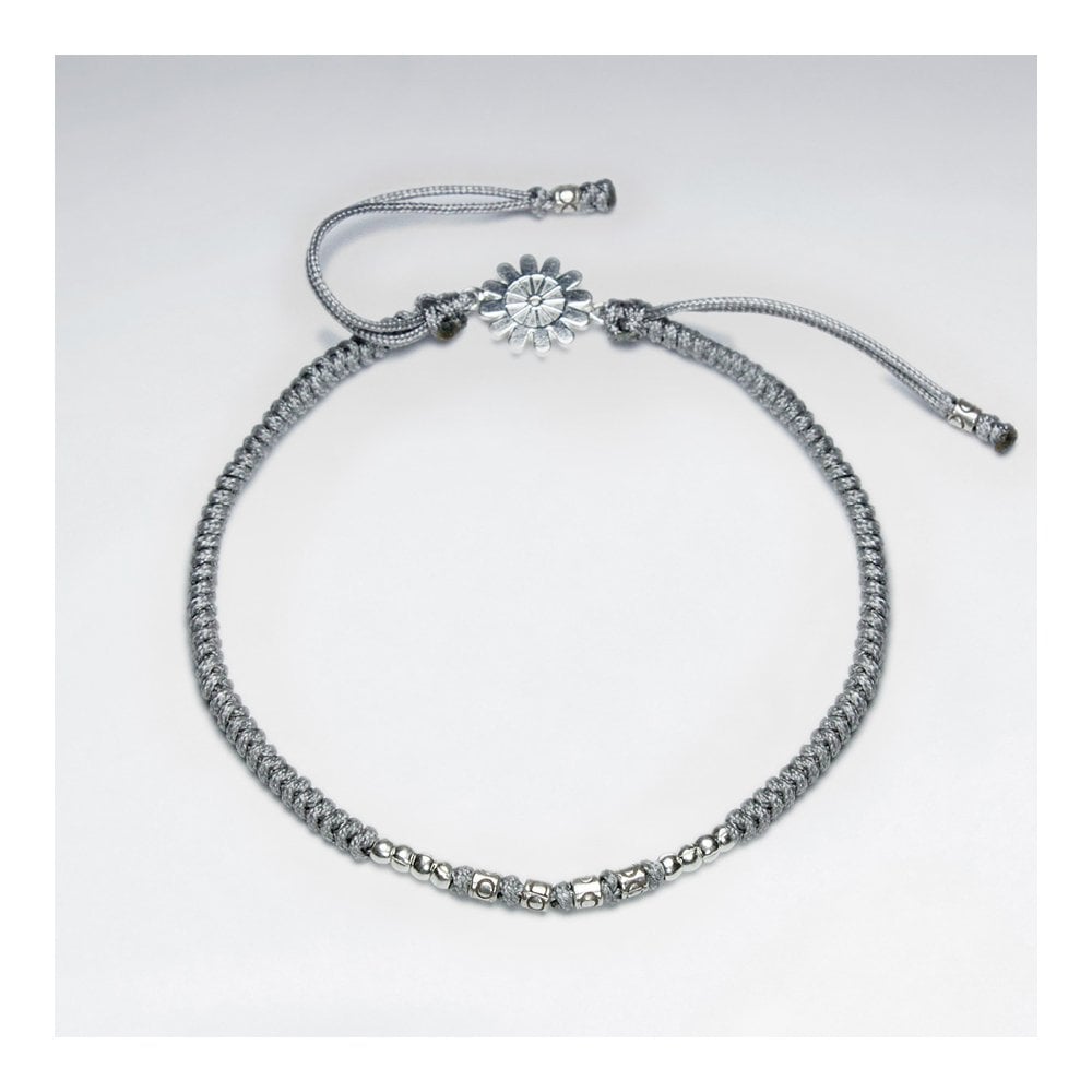 7" Adjustable Blue Macrame Nylon Cord Bracelet With Silver Beads and Sunburst Sterling Silver Charm