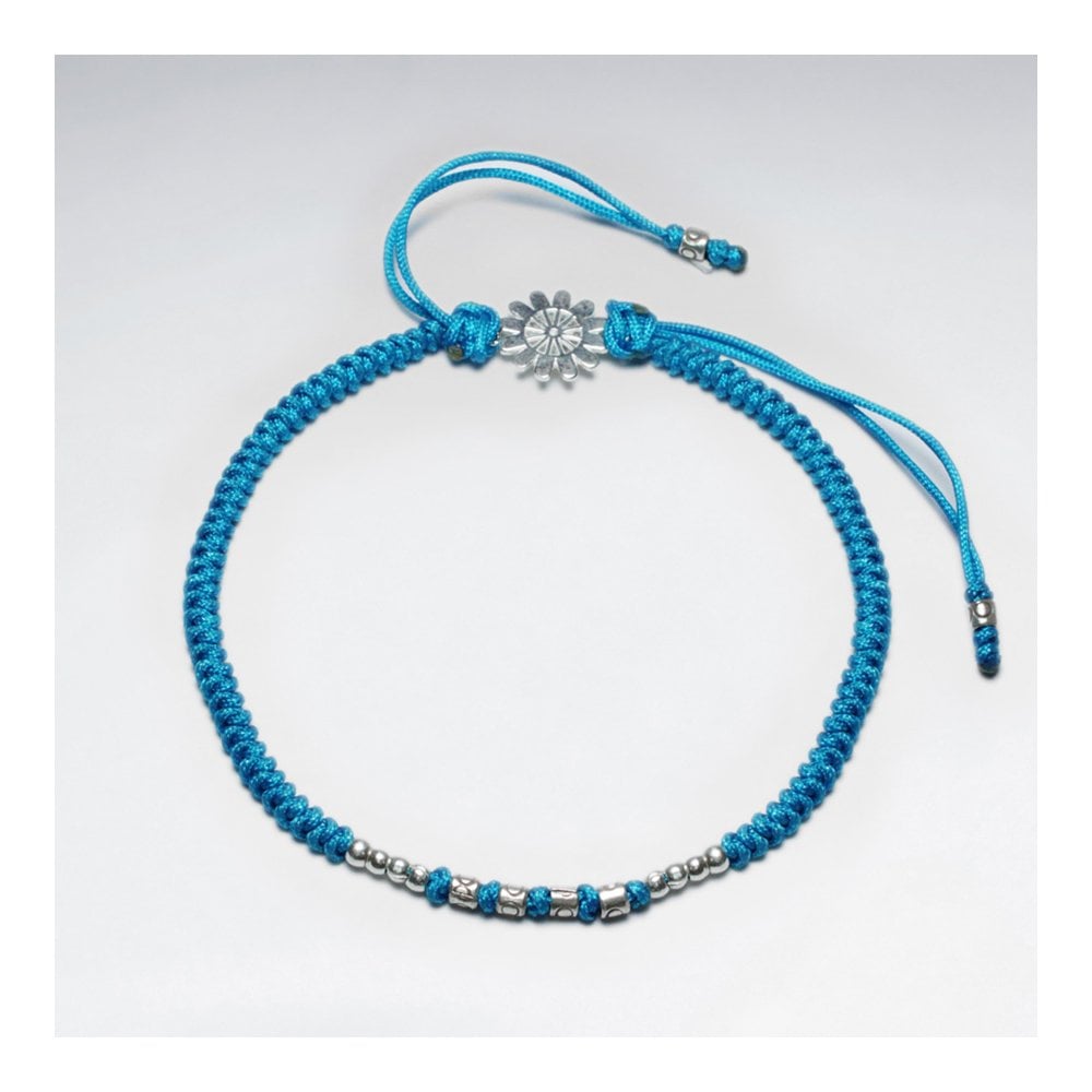 7" Adjustable Blue Macrame Nylon Cord Bracelet With Silver Beads and Sunburst Sterling Silver Charm