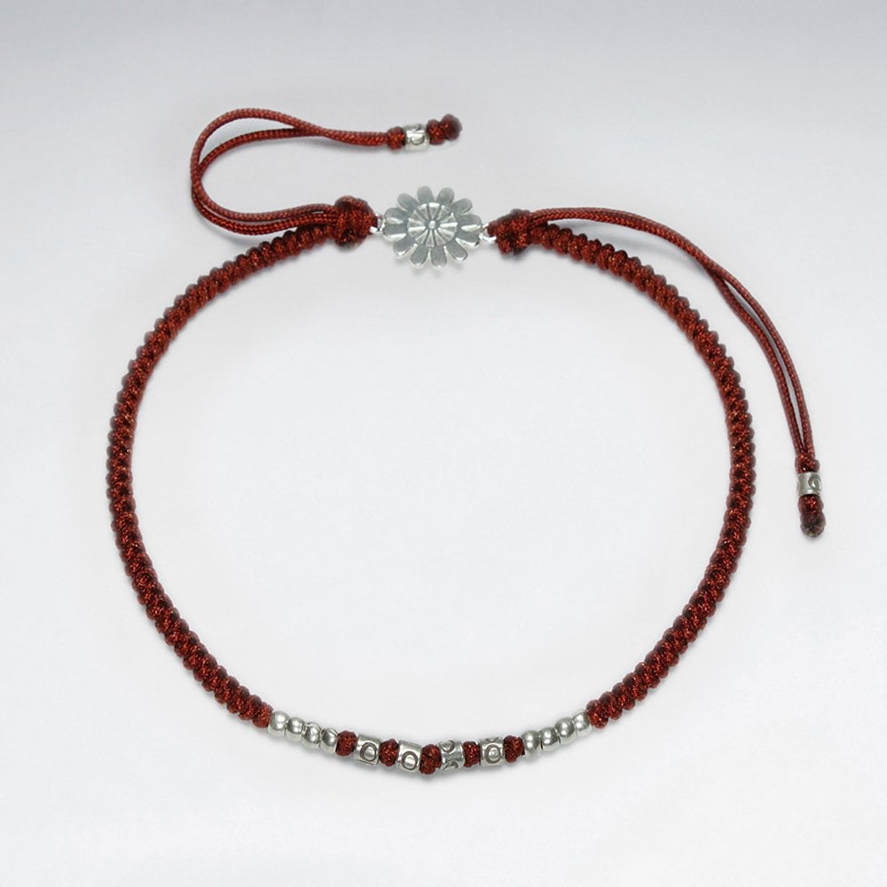 7" Adjustable Blue Macrame Nylon Cord Bracelet With Silver Beads and Sunburst Sterling Silver Charm