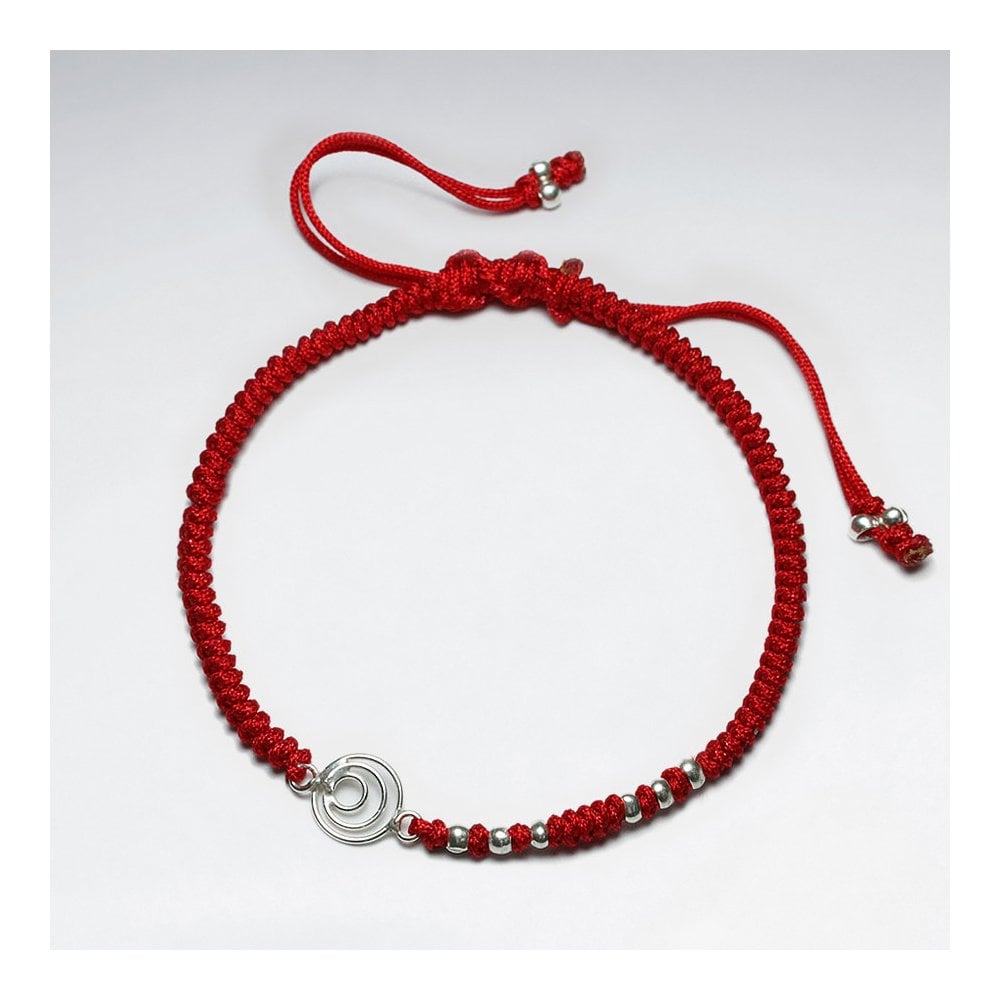 7 '' Adjustable Red Macrame Nylon Cord Bracelet With Silver Beads and Open Circles Charm