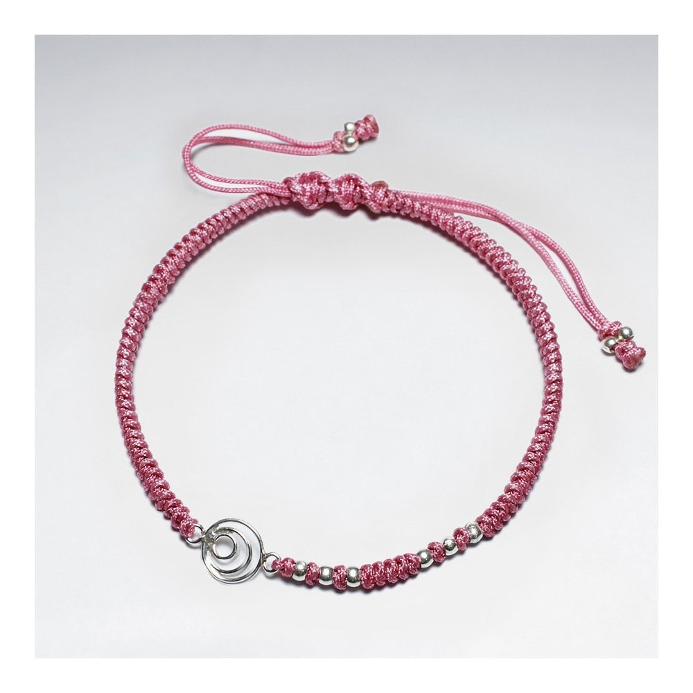 7 '' Adjustable Red Macrame Nylon Cord Bracelet With Silver Beads and Open Circles Charm