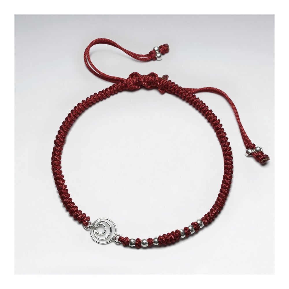7 '' Adjustable Red Macrame Nylon Cord Bracelet With Silver Beads and Open Circles Charm